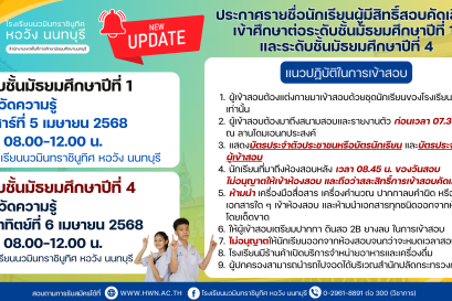 ประกาศรายชื่อผู้มีสิทธิ์สอบคัดเลือกเข้าศึกษาต่อระดับชั้นมัธยมศึกษาปีที่ 1 และระดับชั้นมัธยมศึกษาปีที่ 4 โรงเรียนนวมินทราชินูทิศ หอวัง นนทบุรี ปีการศึกษา 2568