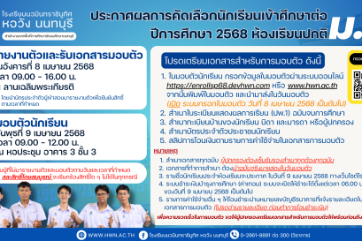 ประกาศผลการคัดเลือกนักเรียนเข้าศึกษาต่อชั้นมัธยมศึกษาปีที่ 4 ห้องเรียนปกติ ปีการศึกษา 2568