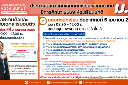 ประกาศผลการคัดเลือกนักเรียนเข้าศึกษาต่อชั้นมัธยมศึกษาปีที่ 4 ห้องเรียนปกติ ปีการศึกษา 2569 