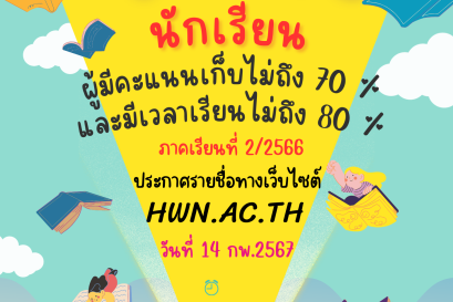 รายชื่อนักเรียนผู้มีคะแนนเก็บไม่ถึง 70%และมีเวลาเรียนไม่ถึง 80%  ภาคเรียนที่ 2 ปีการศึกษา 2566