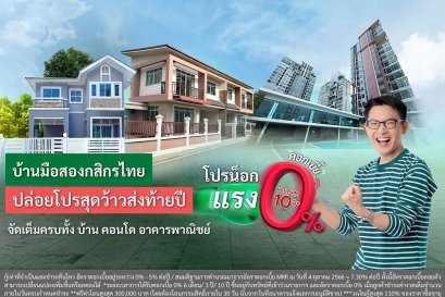 บ้านมือสองกสิกรไทยปล่อยโปรสุดว้าวส่งท้ายปี โปรน็อกแรง ดอกเบี้ย 0% นานสูงสุด 10 ปี  จัดเต็มครบทั้ง บ้าน คอนโด อาคารพาณิชย์