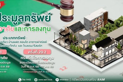 SAM เปิดประมูลทรัพย์เด่น ราคาดี ทั้งเพื่ออยู่อาศัยและเพื่อการลงทุน มูลค่ารวมกว่า 456 ลบ.  บ้านเดี่ยวหลายขนาด-โรงแรมใหญ่ติดทะเลใต้