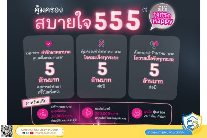 คุ้มครองสบายใจ 555 ประกันสุขภาพเหมาจ่าย 5 ล้าน รักษามะเร็ง 5 ล้าน ไต 5 ล้าน