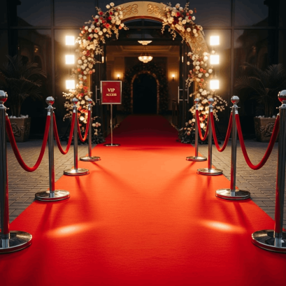 ทางเข้างานอีเวนต์ปูพรมแดง มีเสากั้นทางสีเงินพร้อมเชือกกำมะหยี่สีแดง