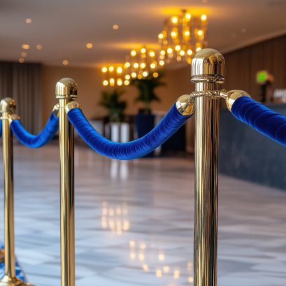 เสากั้นทางเดินสีทองเชือกสีน้ำเงินติดตั้งในงานอีเวนต์อย่างเป็นระเบียบ
