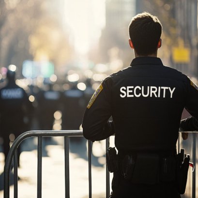 เจ้าหน้าที่รักษาความปลอดภัยยืนอยู่หลังแผงกั้นจราจร ควบคุมพื้นที่ในงานกิจกรรมกลางแจ้ง