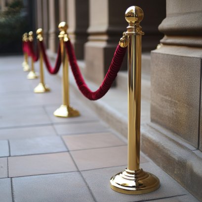 เสากั้นทางเดินเชือกกำมะหยี่สีแดง ฐานทอง สำหรับจัดระเบียบพื้นที่งาน