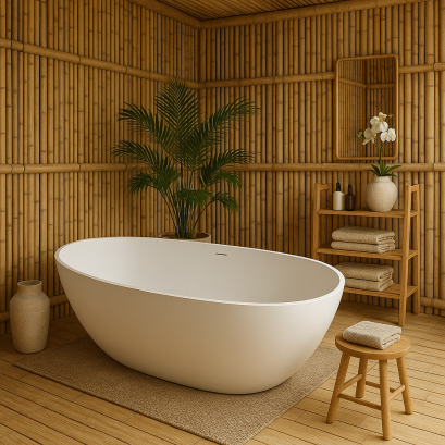 อ่างอาบน้ำสีขาวในห้องสปาสไตล์ไม้ไผ่ บรรยากาศธรรมชาติผ่อนคลาย