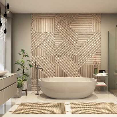 อ่างอาบน้ำทรงกลมพร้อมระบบน้ำวน (Jacuzzi) ตั้งในห้องพักโรงแรมหรูริมทะเล ออกแบบโดยผู้เชี่ยวชาญด้าน interior design และติดตั้งโดยผู้รับเหมาที่มีประสบการณ์ สร้างความรู้สึกผ่อนคลายสุดพิเศษ