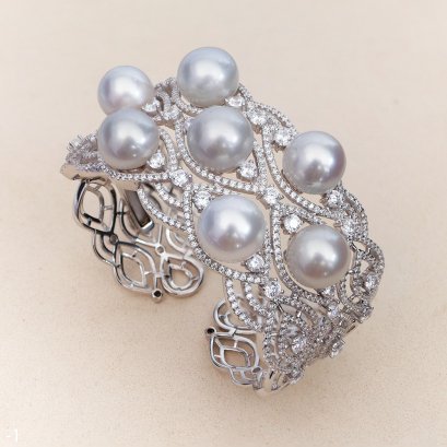 Approx. 10.0 - 12.0 mm, White South Sea Pearl, Luxury Design Bangle