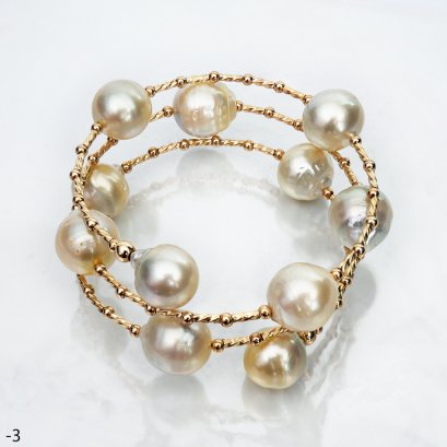 Approx. 12.0 - 13.0 mm, Gold South Sea Pearl, Alternating Sizes Station Pearl Spring Beads and Tubes Bangle