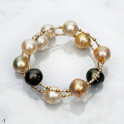 Approx. 12.0 -14.0 mm, Tahitian and Gold South Sea Pearl, Alternating Sizes Station Pearl Beads and Tubes Spring Bangle