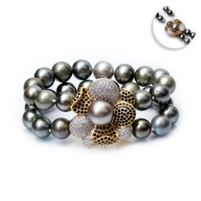 10.87 - 13.82 mm, Tahitian Pearl, Double Layer Graduated Pearl Bracelet with Push and Twist Flower