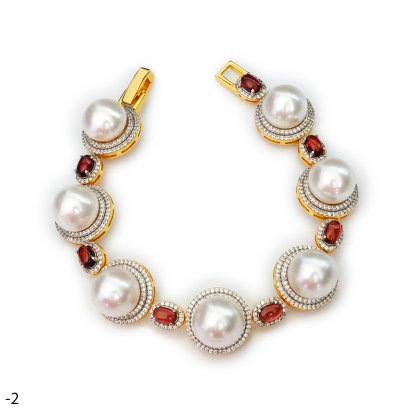 Approx. 11.0 - 12.0 mm, White South Sea Pearl, Garnet Double Halo Station Pearl Bracelet