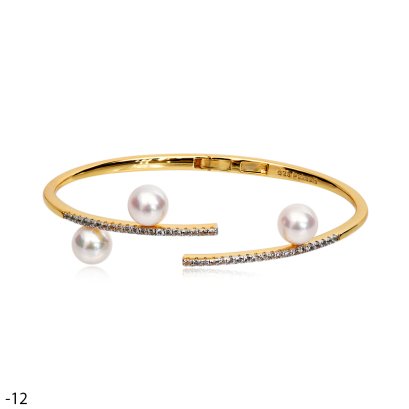 Approx. 8.0 - 8.5 mm, Akoya Pearl, Branch White Topaz Paved Three Pearl Spring Hinge Bangle