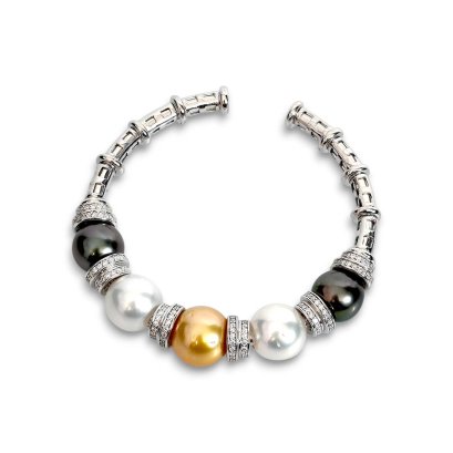 Approx. 9.0 - 11.0 mm, Tahitian Pearl, White & Gold South Sea Pearl, Rapa Nui Bangle