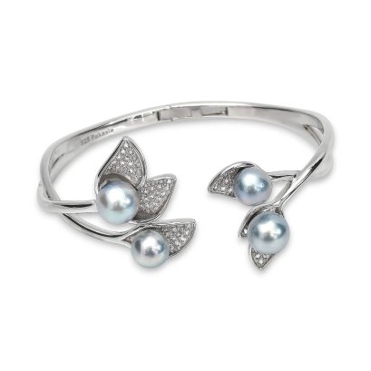 Approx. 7.0 - 9.0 mm, Blue Rose, Akoya Pearl, "Botanic" Pearl Open Spring Bangle