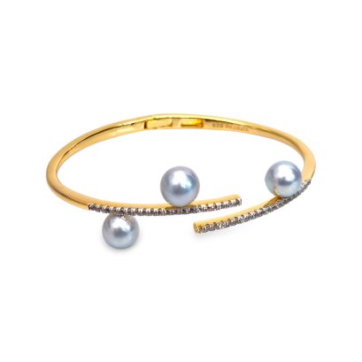 Approx. 8.0 - 9.0 mm, Blue Rose, Akoya Pearl, Triple Pearl Branch Bangle