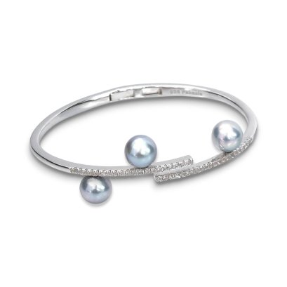 Approx. 8.0 mm, Blue Rose, Akoya Pearl, Branch Bangle Triple Pearl