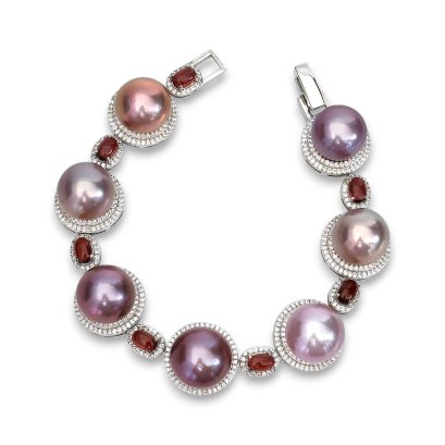 Approx. 13.0 mm, Edison Pearl, Pearl Halo Garnet Station Bracelet