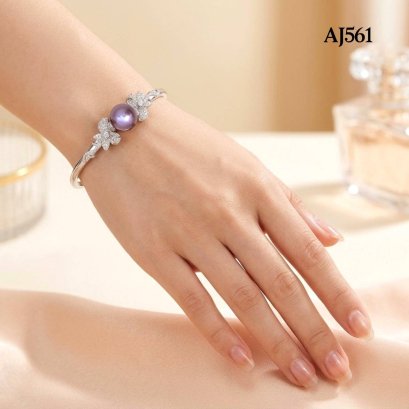 Approx. 13.0 mm, Edison Pearl, Solitaire Pearl Flower White Topaz Paved Bangle