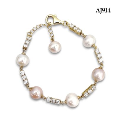Approx. 8.0 - 9.0 mm, Freshwater Pearl, Station Pearl & Three Stones CZ Row Bracelet