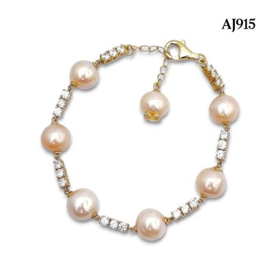 Approx. 10 mm up, Freshwater Pearl, Station Pearl & Three Stones CZ Row Bracelet