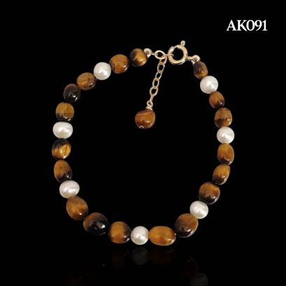 Approx. 5.5 mm up, Freshwater Pearl, Station Pearl & Tiger Eye Bracelet