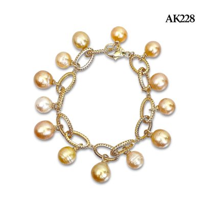 9.8 - 10.8 mm, Gold South Sea Pearl, (Orn-napa)Station Dangle Pearl Bracelet