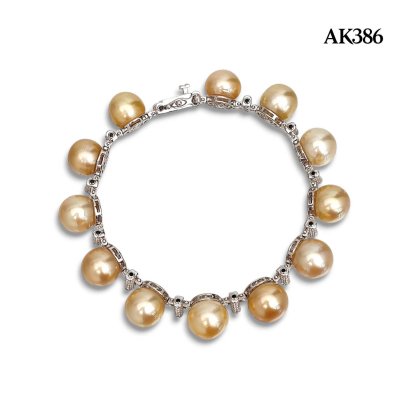 Approx. 10.0 -11.0 mm, Gold South Sea Pearl, Station Pearl & CZ Bar Bracelet