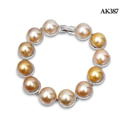 Approx. 12.0 mm, Gold South Sea Pearl, Station Pearl Halo White Zircon Bracelet
