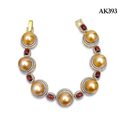 Approx. 11.0 - 12.0 mm, Gold South Sea Pearl, Station Pearl Halo White Zircon & Garnet Bracelet