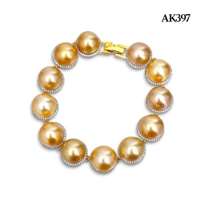 Approx. 12.0 mm, Gold South Sea Pearl, Station Pearl Halo White Zircon Bracelet