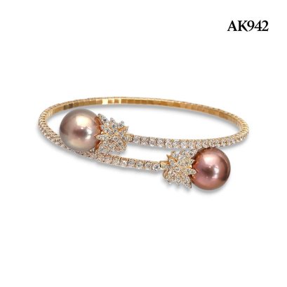 11.8 - 12.1 mm, Edison Pearl, Twin Pearl Pearl CZ Paved Open Bangle