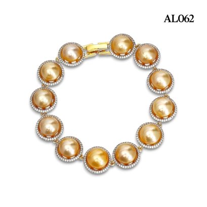 Approx. 9.0 -10.0 mm, Gold South Sea Pearl, Station Pearl Halo White Zircon Bracelet