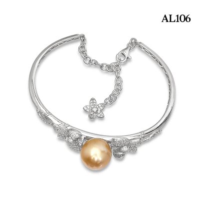 Approx. 12.0 mm, Gold South Sea Pearl, Flower Pearl Open Bangle with Safety Chain