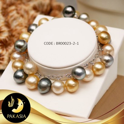 สร้อยข้อมือโซ่ห้อยมุก 2 สหาย มุก South Sea และ ตาฮิติ ตะขอก้ามปูปรับระยะได้  / B456
