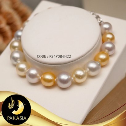 สร้อยข้อมือมุกล้วน มุก South Sea สีขาว-ทอง ทรงบาร็อค ขนาด 8-9 mm เกรด A ตะขอหัวใจ ประดับเพชร CZ เงินแท้ 92.5 ชุบทองคำขาว  / B463