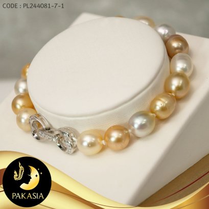 สร้อยข้อมือมุกล้วน มุก South Sea สีมัลติคัลเลอร์ ทรงบาร็อค ขนาด 8-9 mm เกรด AA ตะขอหัวใจ ประดับเพชร CZ เงินแท้ 92.5 ชุบทองคำขาว  / B461