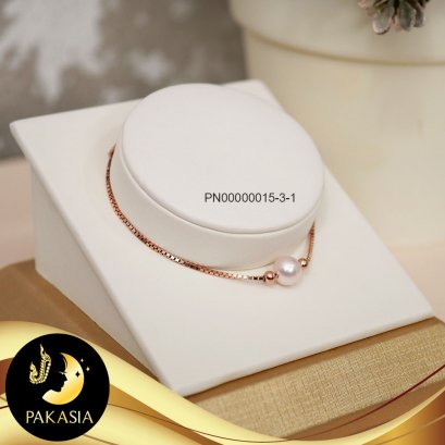 สร้อยข้อมือมุกเม็ดเดี่ยว ล็อกบอลซิลิโคน มุก Akoya สีขาว ทรงกลม ขนาด 7-7.5 mm เกรด AA+ ตัวเรือนเงินแท้ชุบ Pink Gold / B457