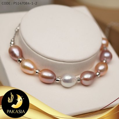 สร้อยข้อมือมุกคั่นบอลตัดลาย ชุดตะขอก้ามปูอะไหล่เงินแท้ 92.5 ชุบทองคำขาว ประดับเพชร / B460