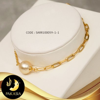 สร้อยข้อมือโซ่ 2 style มุก South Sea เม็ดเดี่ยว สีทองแชมเปญ ทรงกลม เกรด AA+ ตัวเรือนเงินแท้ 92.5 ชุบทอง ตะขอสปริงกลม ปรับรูดได้  SN0450YB450/SARR100059-1-1