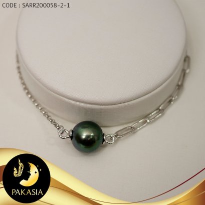 สร้อยข้อมือโซ่ 2 style มุกตาฮิติเม็ดเดี่ยว สีดำ ทรงกลม ขนาด 9-9.5mm. เกรด AA+ ตัวเรือนเงินแท้ 92.5 ชุบทองคำขาว ตะขอสปริงกลม  SN0340YB448