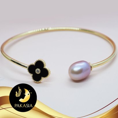 กำไลมุกเดี่ยวหลุยส์ไลท์ดำ   [เงินชุุบทอง] มุกแท้น้ำจืดเบบี้บาร็อคม่วงโอลด์โรส AAA ขนาด 8-9mm. / SN0140YB399