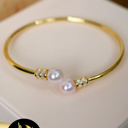 กำไลมุก Akoya คู่ มุก Akoya, Japan ทรงกลม สีขาว เกรด AA+ ขนาด 7-7.5 mm. ตัวเรือนเงินแท้ 92.5 ชุบทอง / SN0840YB406