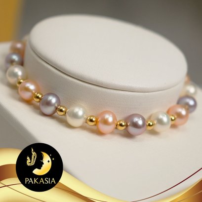 สร้อยข้อมือมุก [คั่นบอลทอง ขนาด 3 mm. ทองแท้ 18K 1.6g] [ตะขอแม่เหล็ก ทองแท้ 18K] [สร้อยทองแท้18K] มุกแท้ ทรงกลม สีมัลติคัลเลอร์  เกรด AAA ขนาด 6mm. / SN0910ZG165