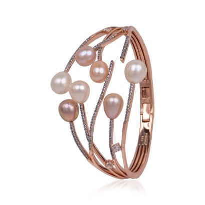 กำไลกัลปังหา บานพับสปริงหัวไข่มุก 7 เม็ด ไข่มุก Freshwater Pearl สีมัลติคัลเลอร์ (ขาว-พีช-ม่วง) / 23.8.65