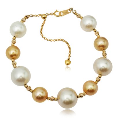 9.10 - 12.61 mm, Gold South Sea Pearl, Alternating Sizes Two Tone Pearl Station Bracelet