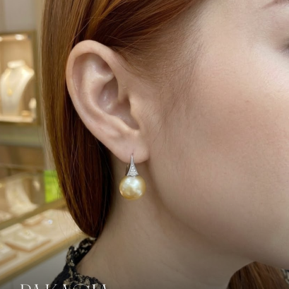 13.0 mm and 13.2 mm, Gold South Sea Pearl, Fish Hooks Pearl Earrings Front CZ Paved