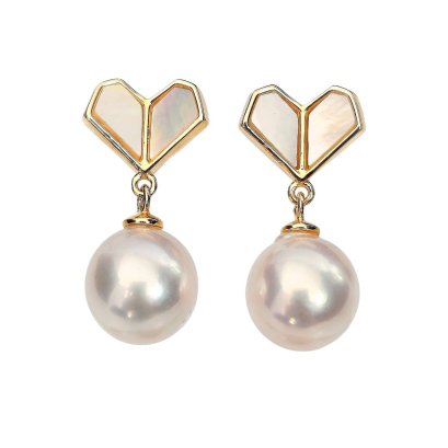 Approx. 8.0 - 8.5 mm, Akoya Pearl, Heart Mother of Pearl (MOP), Dangle Pearl Stud Earrings